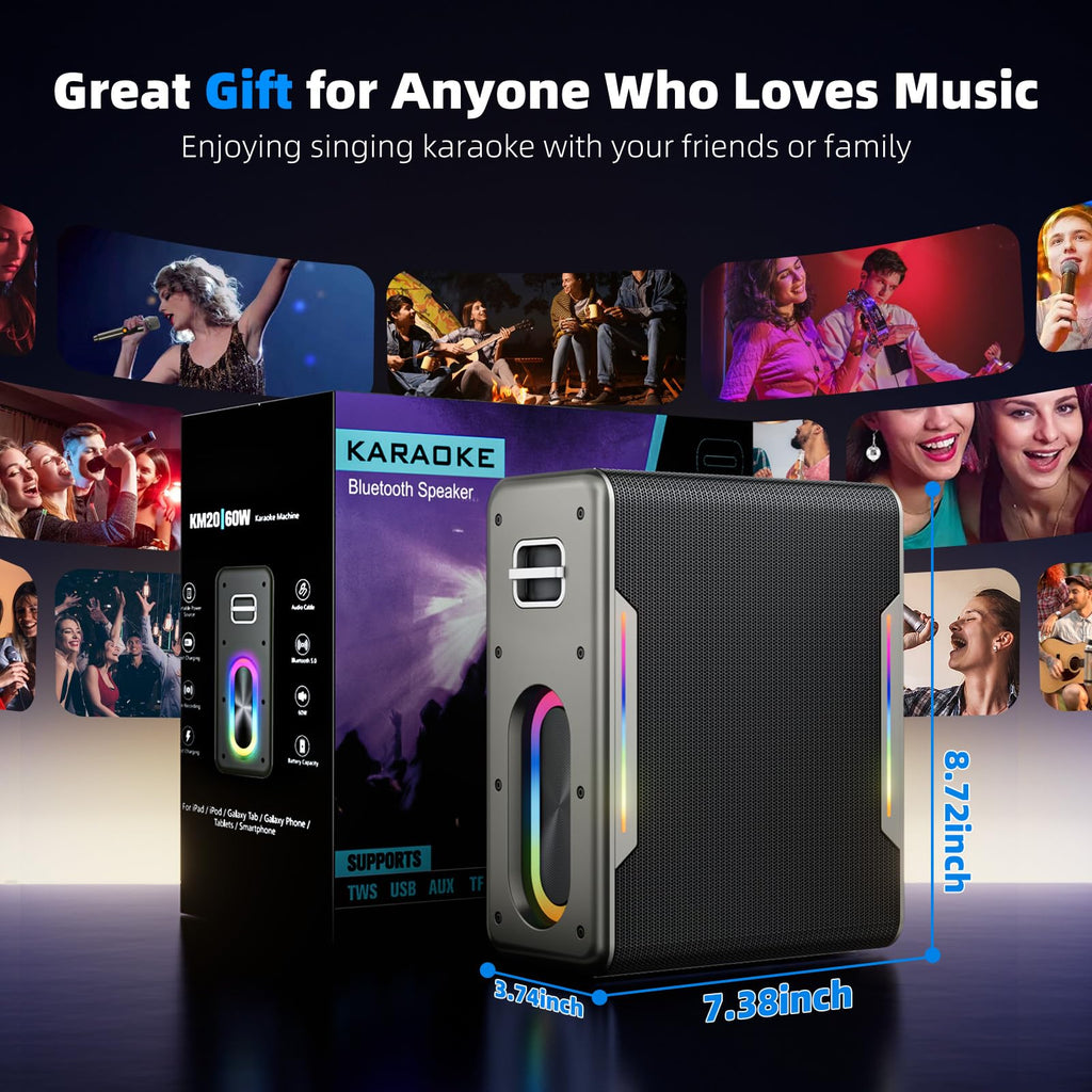Portable Karaoke Machine, with 2 Wireless Microphones & LED Party Lights