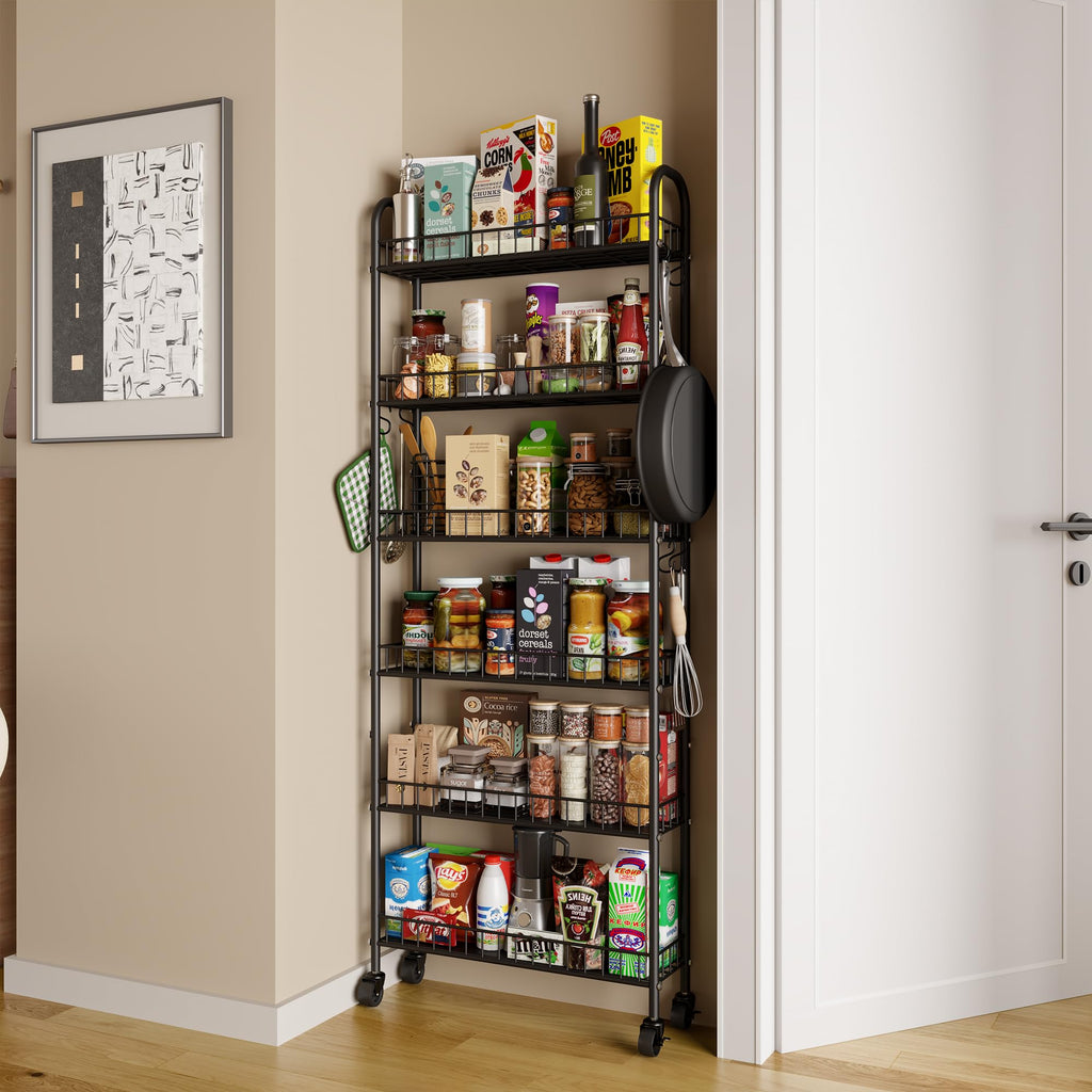 Slim Rolling Storage Cart with Wheels, Metal 6 Tier Spice Rack Mobile Shelving Unit Organizer Kitchen Utility Cart for Office Bathroom Kitchen