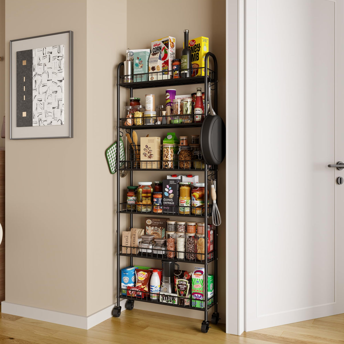 Slim Rolling Storage Cart with Wheels, Metal 6 Tier Spice Rack Mobile Shelving Unit Organizer Kitchen Utility Cart for Office Bathroom Kitchen