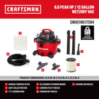 CRAFTSMAN CMXEVBE17594 12 Gallon 6.0 Peak HP Wet Dry Shop Vacuum