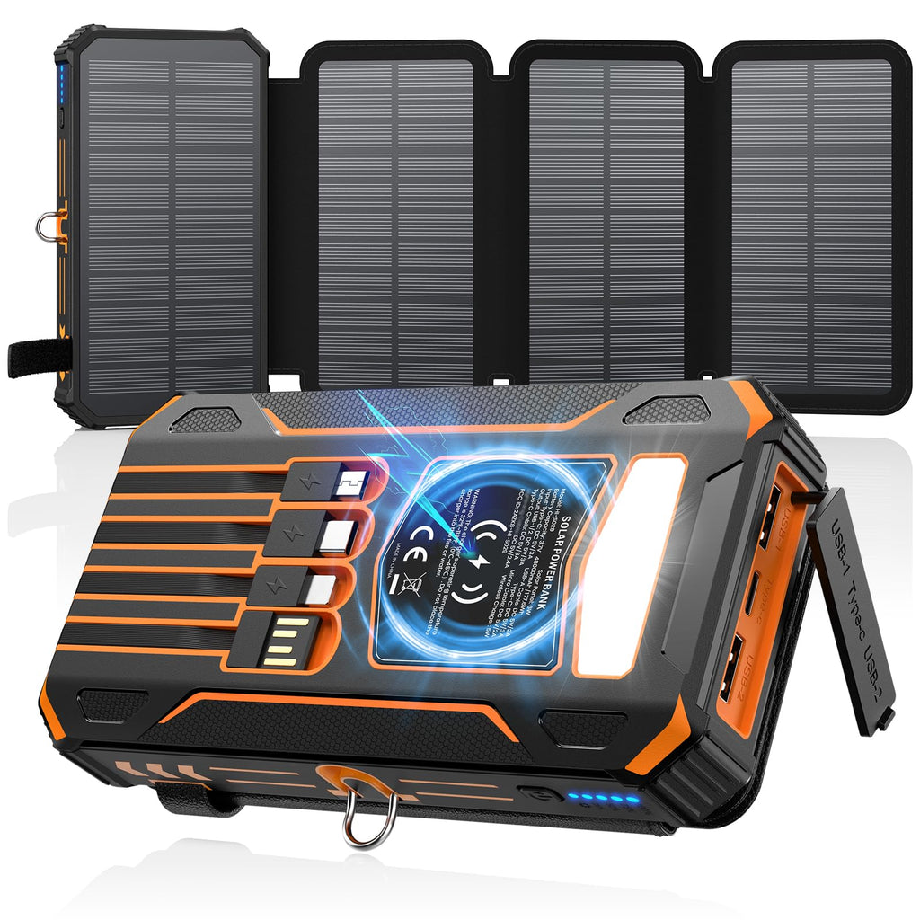 Solar Power Bank 48000mAh Wireless Portable Charger with 4 Cables