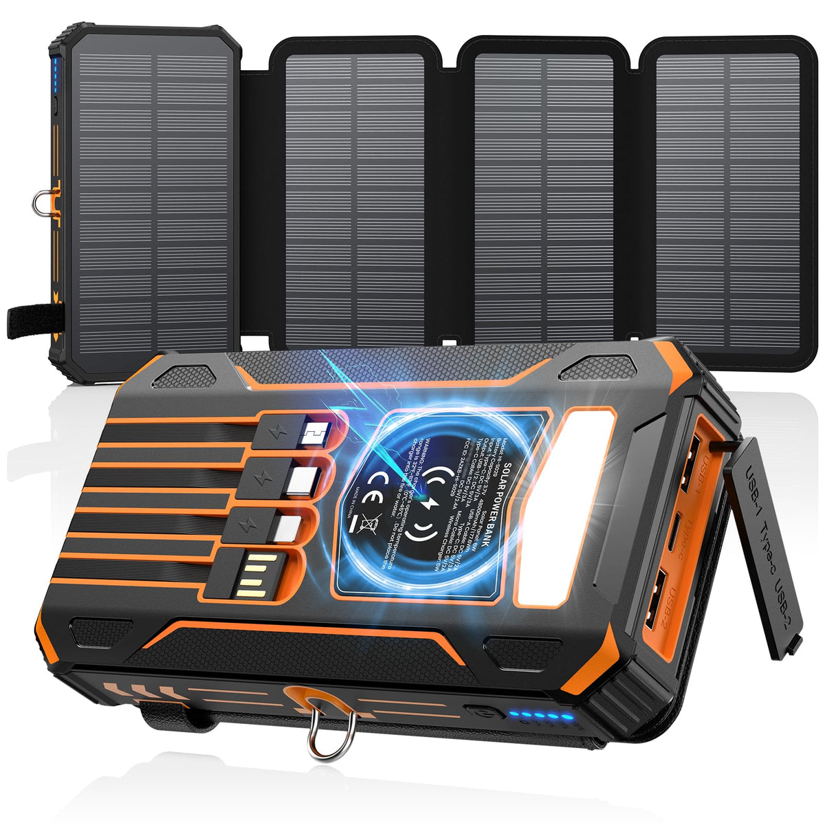 Solar Power Bank 48000mAh Wireless Portable Charger with 4 Cables