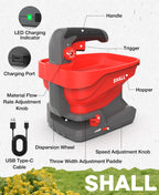 SHALL Battery Powered Fertilizer Spreader, 7.2V Rechargeable Seed Spreader for Salt, De-Icer, Earth Food, Grass Seed, 8-Level Settings and 3.3L Large