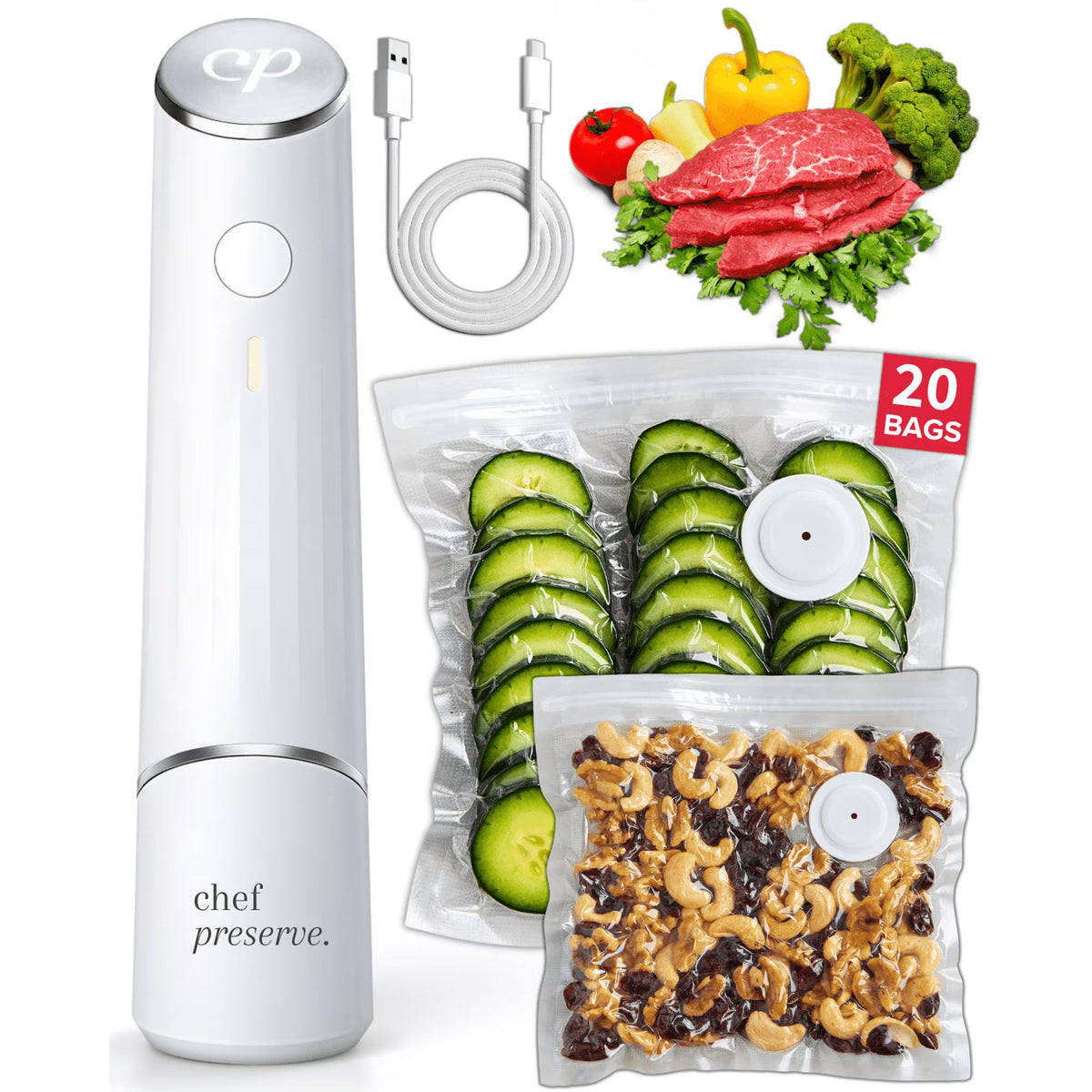 Chef Preserve Compact Vacuum Sealer for Food (Vacuum Sealer Machine + 20 Reusable Vacuum Bags) Powerful Handheld Vacuum Sealer Machine, Seal Meal