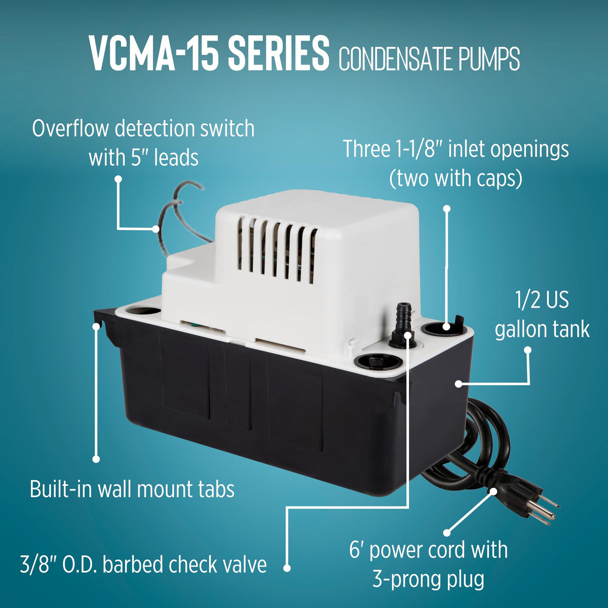 Little Giant VCMA-15ULST 115 Volt, 65 GPH, 1/50 HP Automatic Condensate Removal Pump for HVAC/Refrigeration Systems/Dehumidifiers with Overflow