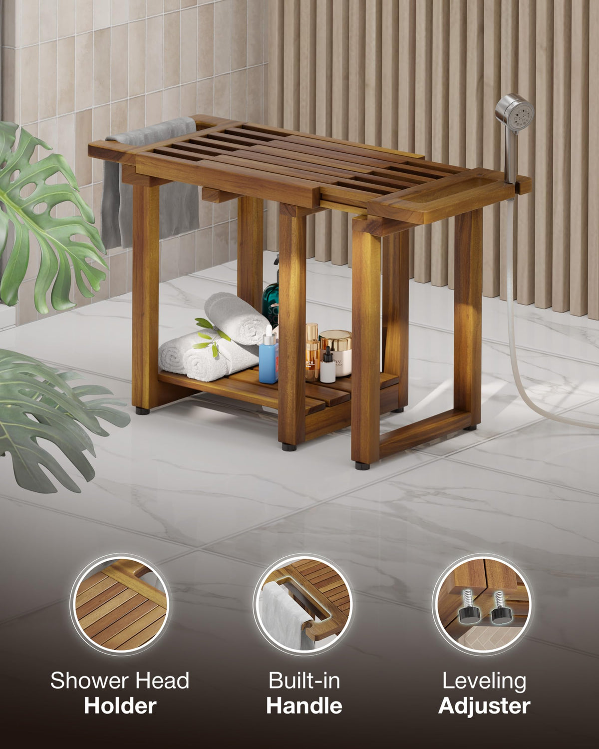 BLUEWEST Adjustable Shower Bench Stool for Inside Shower – 31.7'' Wood Bathroom Bench with Storage Shelf, Built-in Handle & Shower Head Holder