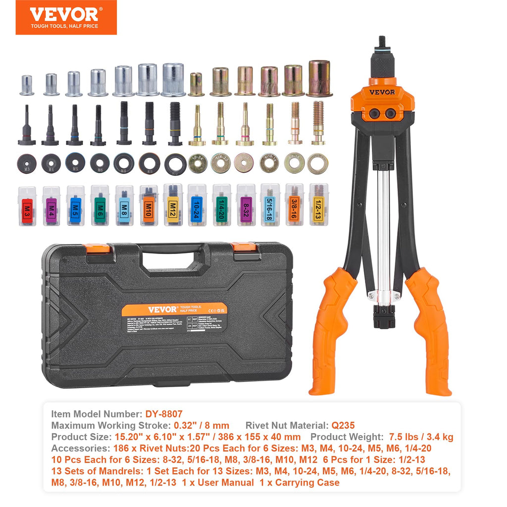 VEVOR Rivet Nut Tool, 16 inch Rivnut Tool Kit with 13PCS Metric and SAE Mandrels, 186PCS Rivet Nuts, Semi-auto Retraction, M3, M4, M5, M6, M8, M10