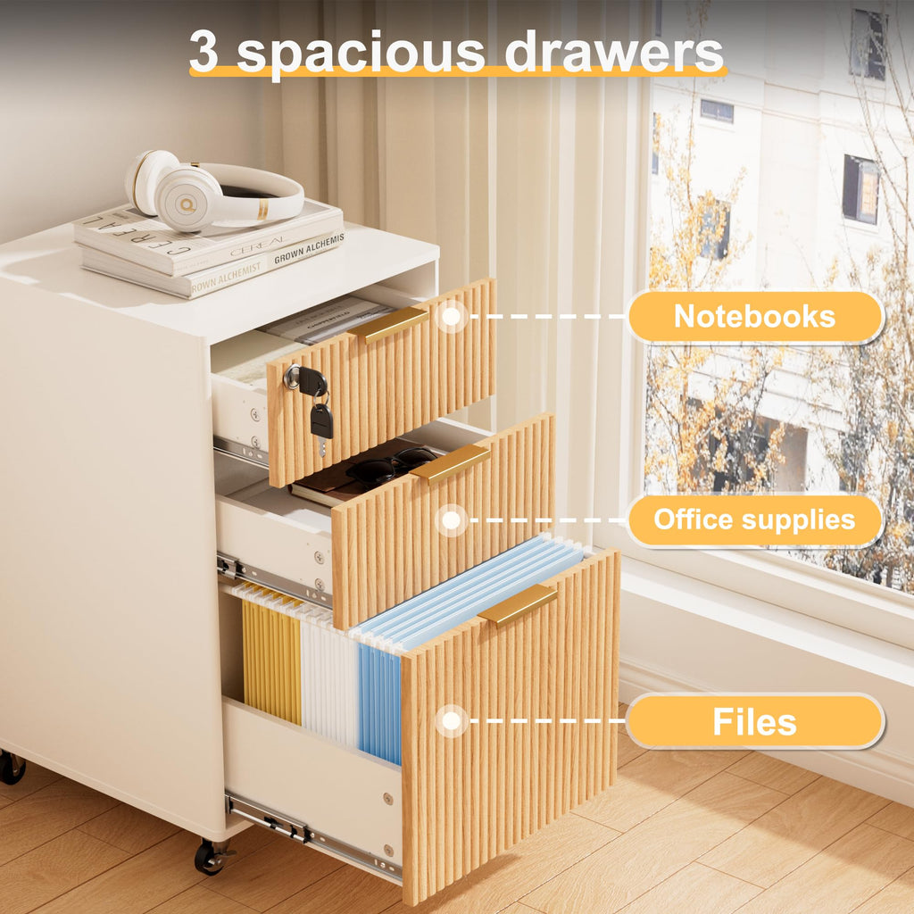 3 Drawers Fluted Mobile File Cabinet with Lock, Rolling File Cabinet Printer Stand Table, Under Desk Wooden Filing Cabinets for Home Office