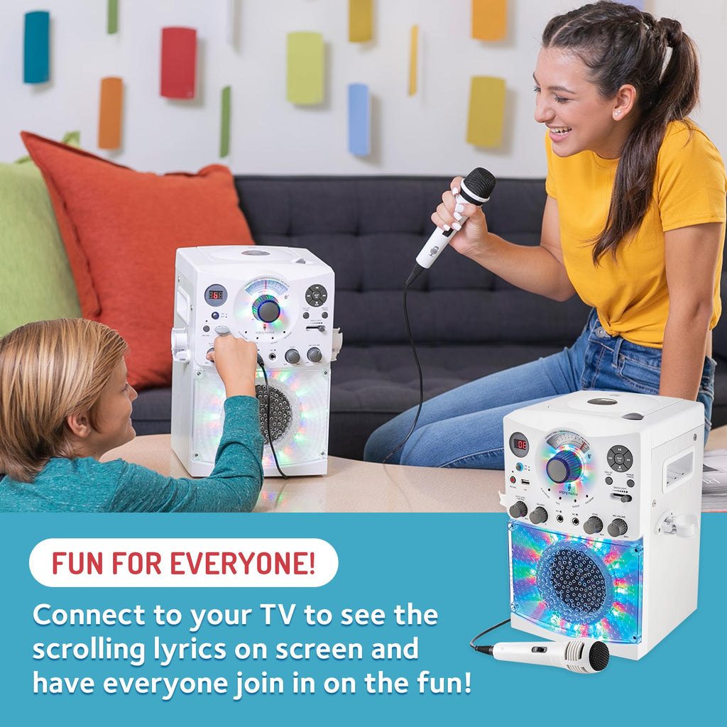 Singing Machine Portable Karaoke Machine for Adults & Kids with Wired Microphone, White - Built-In Speaker, Bluetooth with LED Disco Lights - Karaoke