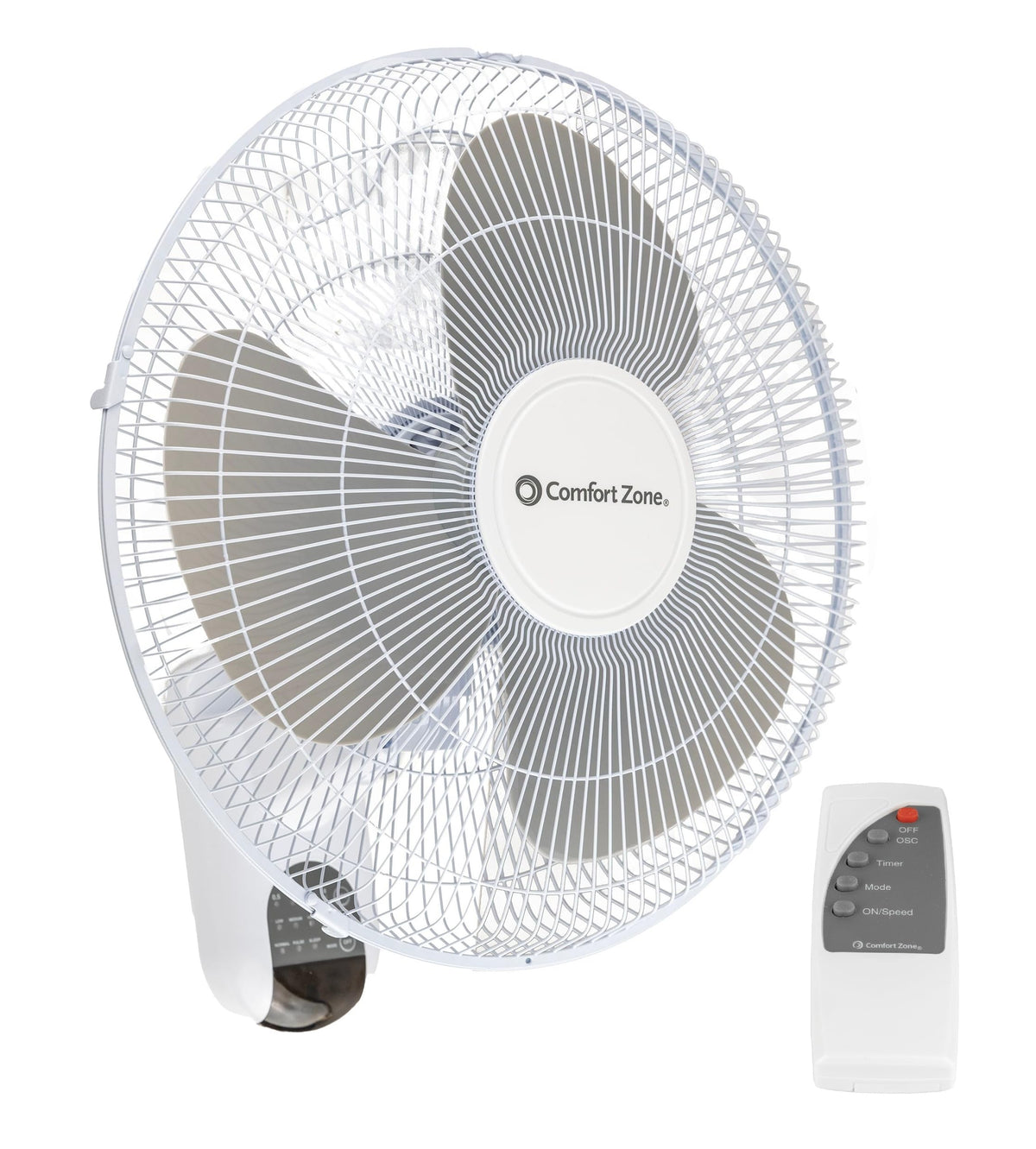 COMFORT ZONE 16" Oscillating Wall Mount Fan with Remote & Timer - White