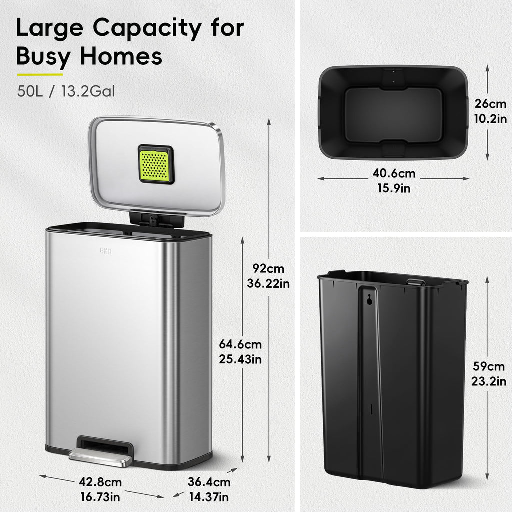 EKO Madison Brushed Stainless Steel 13.2 Gal/50L Kitchen Step Trash Can or Recycling Bin, Removable Inner Liner, Soft Close Lid, Fingerprint