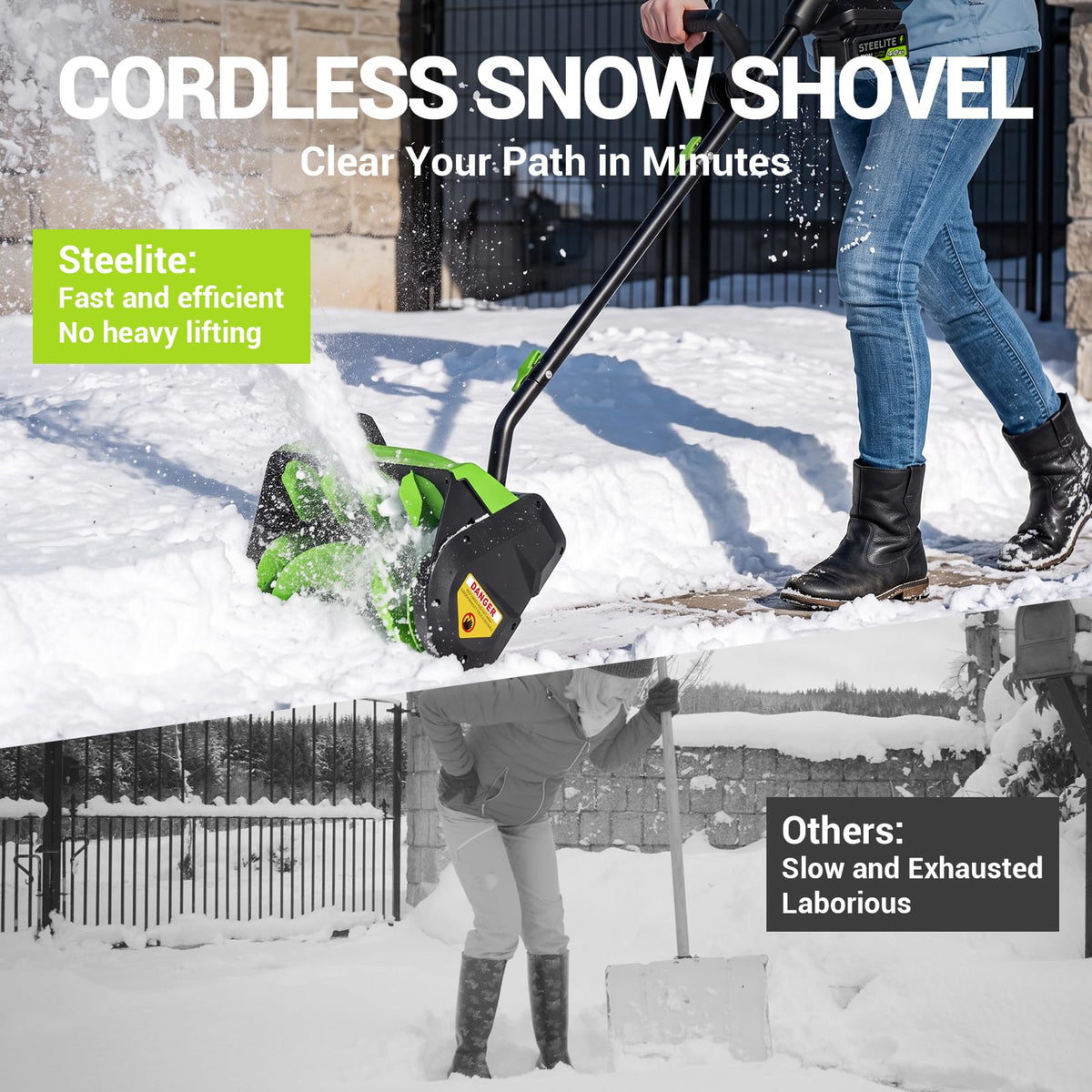 20V Cordless Electric Snow Shovel, 13-Inch, 2×4.0Ah Batteries & Charger