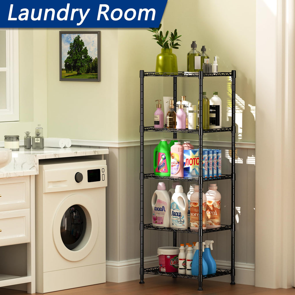 5-Wire Shelving Metal Storage Rack Adjustable Shelves,Standing Storage Shelf Units for Laundry Bathroom Kitchen Pantry Closet(Black,11.8" D x 16.6" W