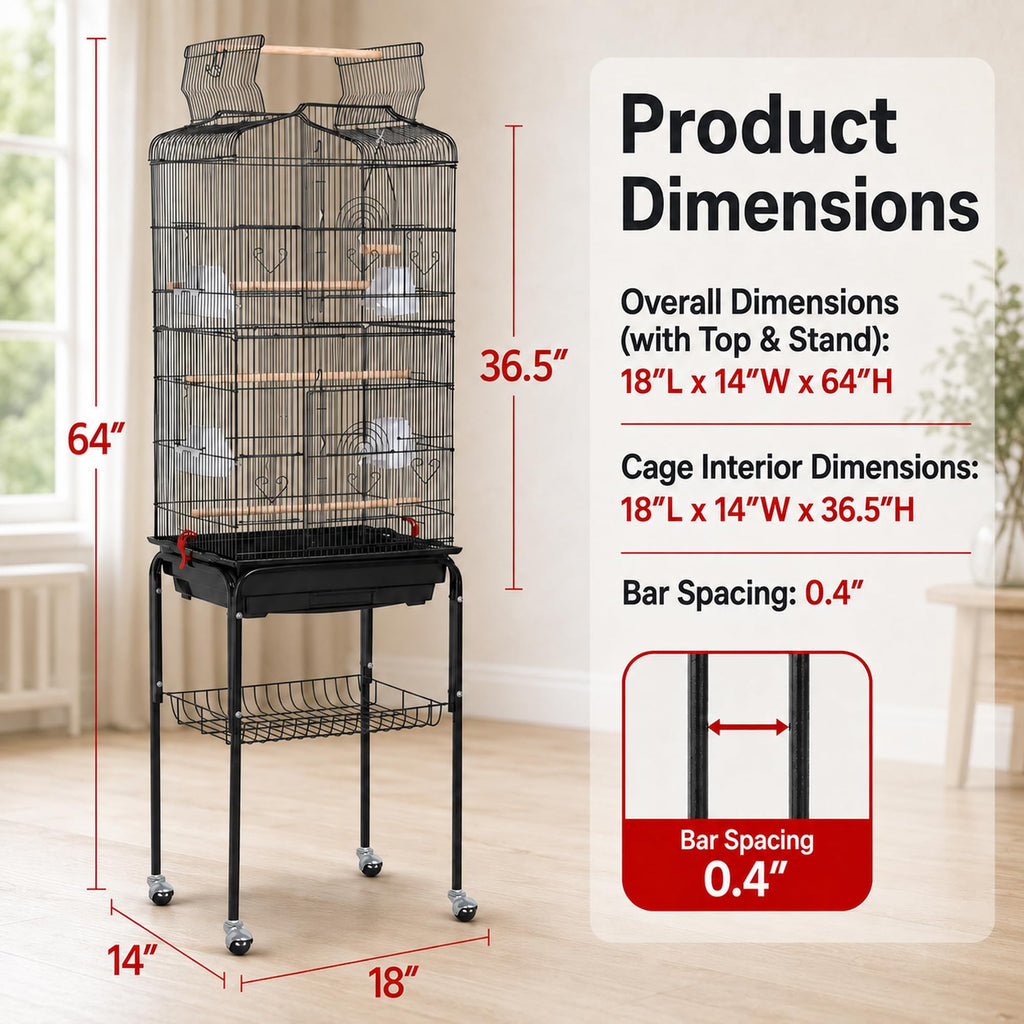 Yaheetech 64-Inch Open Top Bird Cage for Parakeets & Cockatiels, Black
