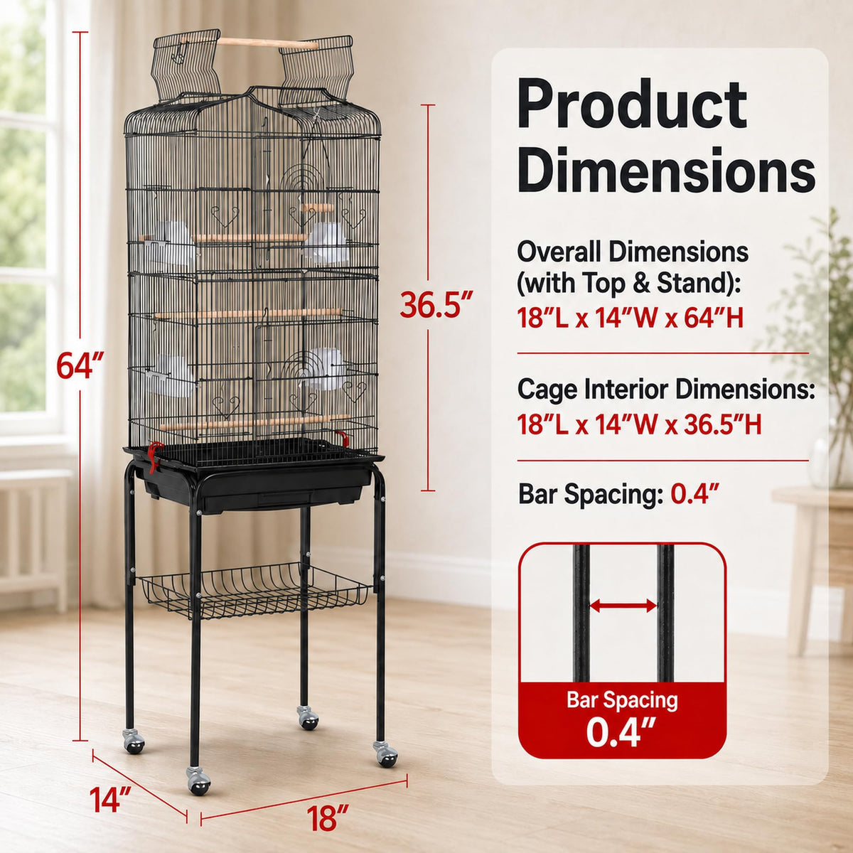 Yaheetech 64-Inch Open Top Bird Cage for Parakeets & Cockatiels, Black