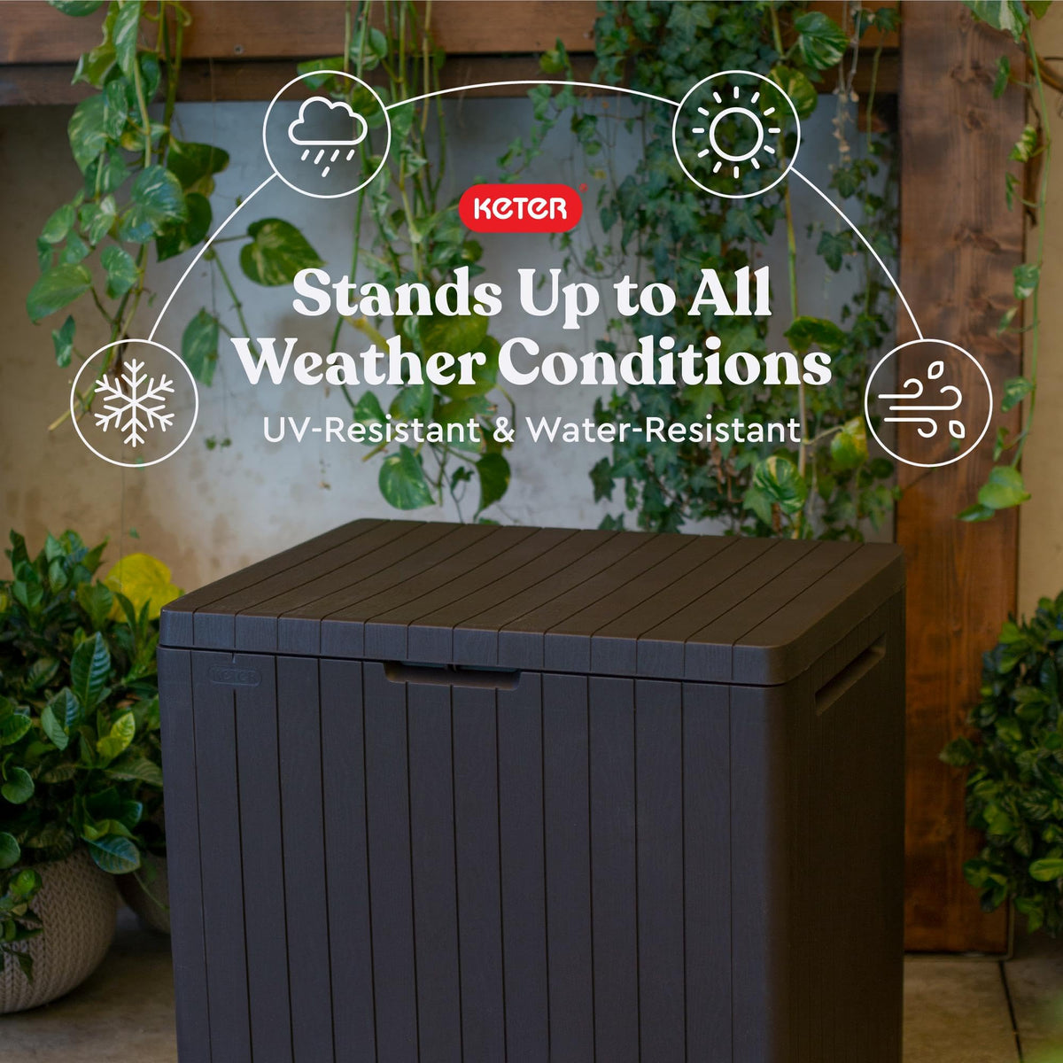 Keter City 30 Gallon Resin Outdoor Storage Box and Patio Furniture Side Table for Pool and Garden Accessories, Brown