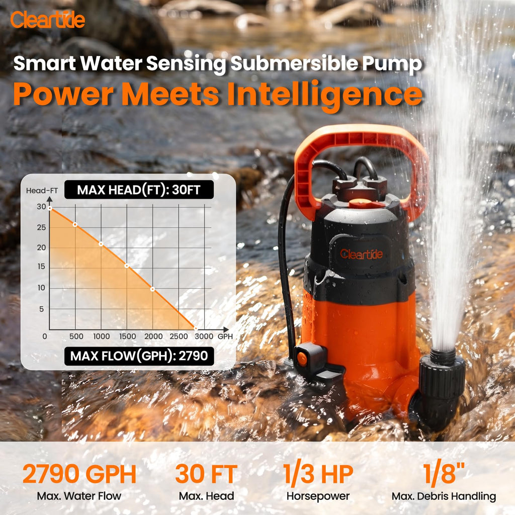 1/3 HP Submersible Utility Pump, 2790 GPH High Flow, Portable Sump Pump with Auto Water Sensor, Ideal for Pool, Flooded Basement, Hot Tub, Pond and