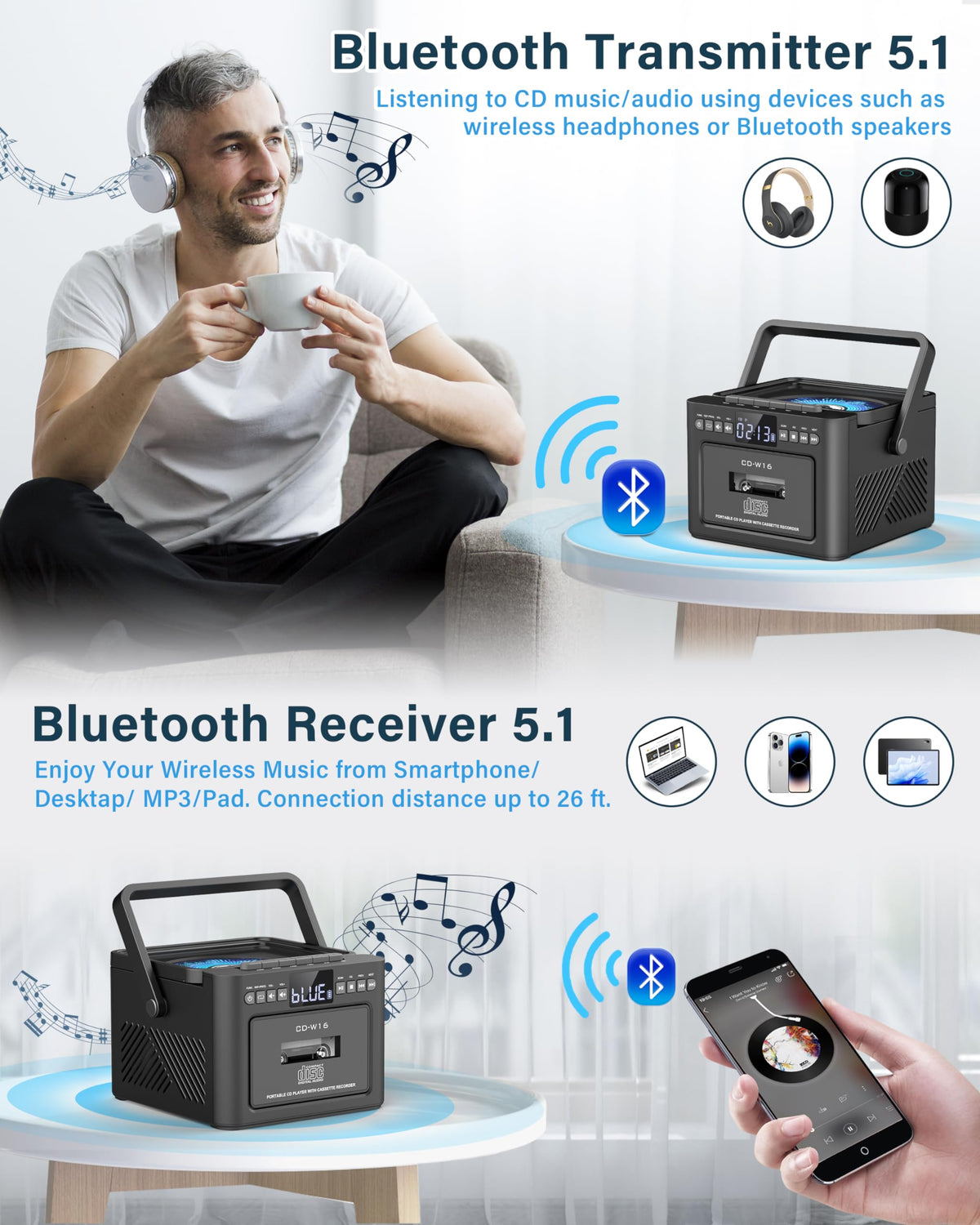 Boombox Cassette CD Player Combo with Bluetooth, 5000mAh Battery