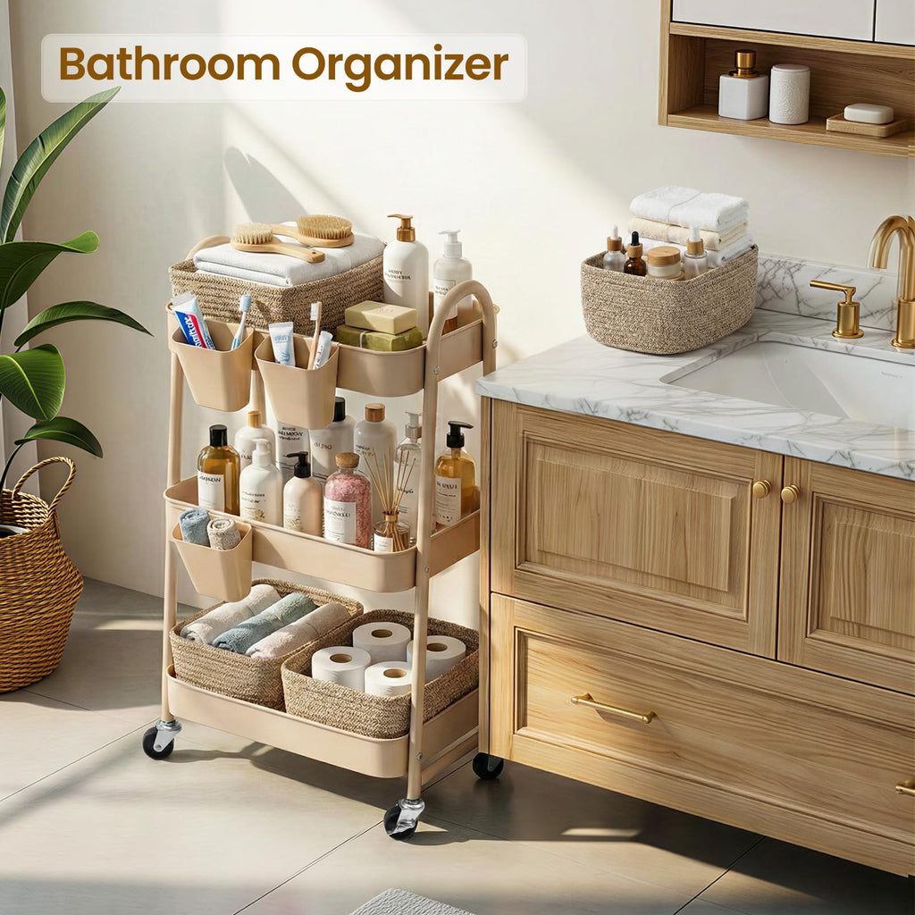 3-Tier Rolling Utility Cart with 4 Woven Baskets, Diaper Book Snack Cart, Storage Organizer for Nursery, Kitchen, Craft Room, Home SPA, Living Room