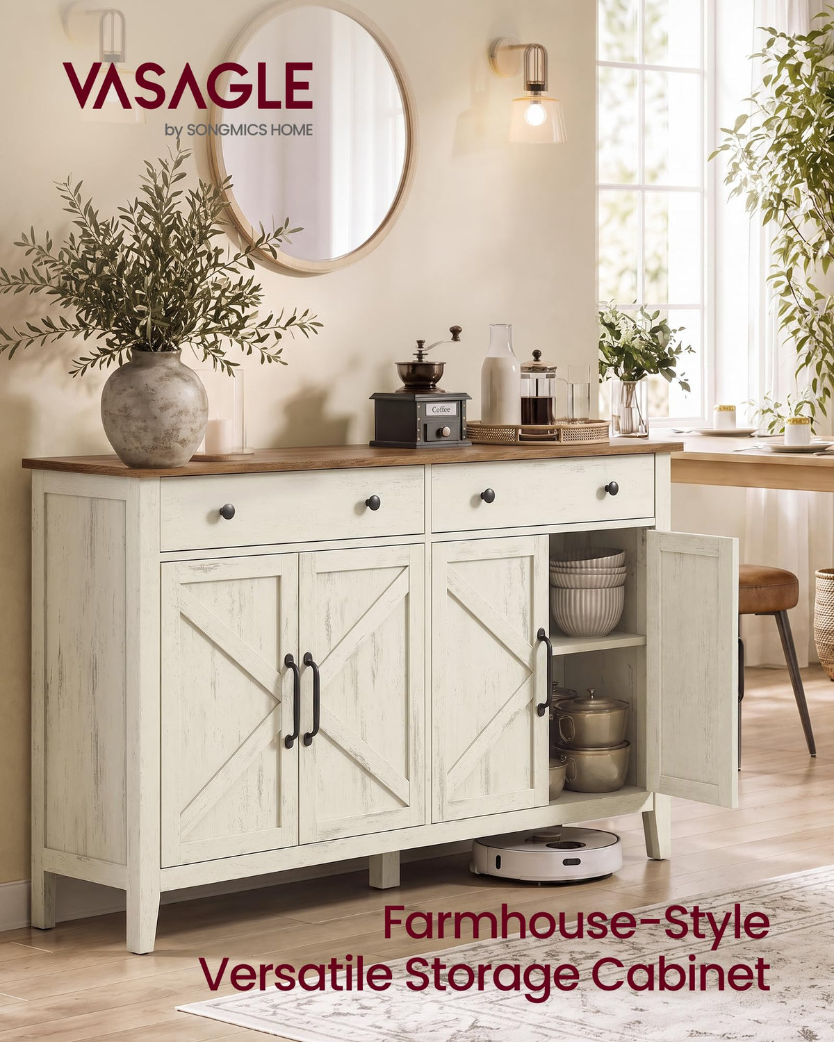 VASAGLE Farmhouse Buffet Cabinet, Coffee Bar with 2 Drawers