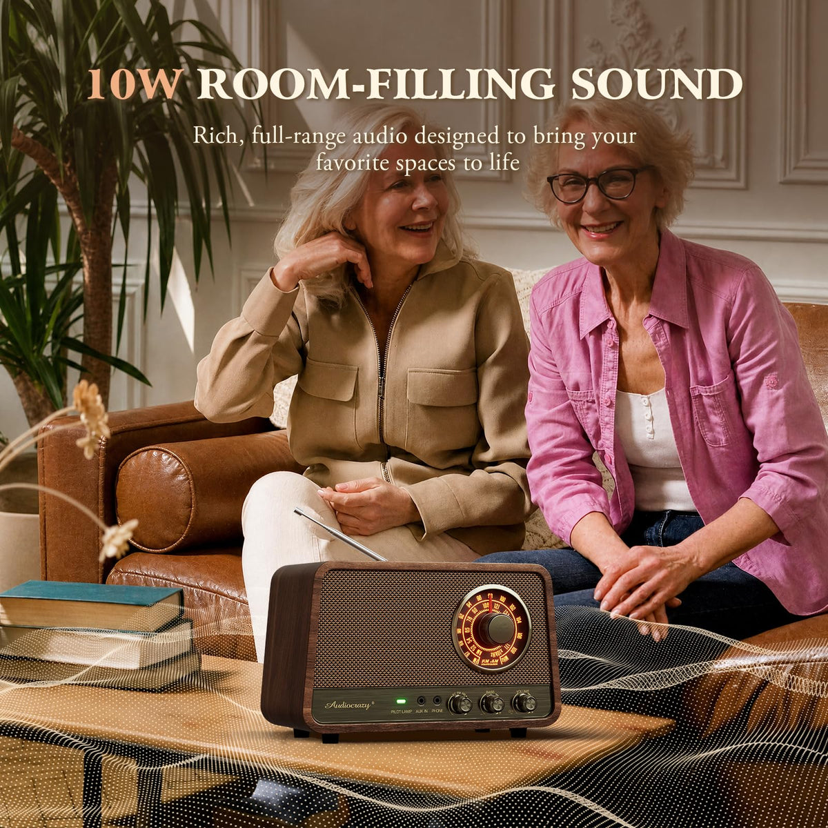 Vintage Wood AM FM Bluetooth Radio,10W Powerful Sound, Espresso
