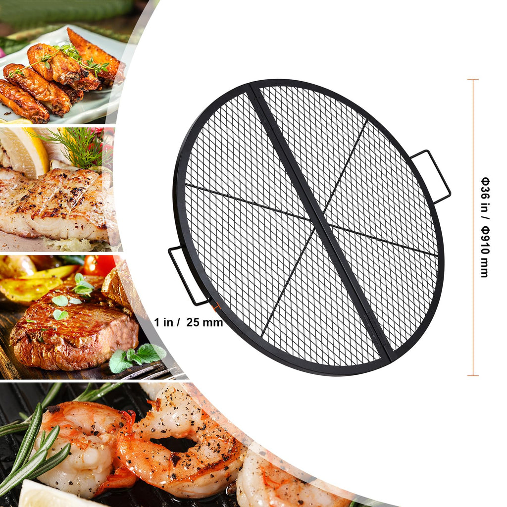 VEVOR X-Marks Fire Pit Grill Grate, Foldable Round Cooking Grate, Heavy Duty Steel Campfire BBQ Grill Grid with Handle and Support X Wire, Portable