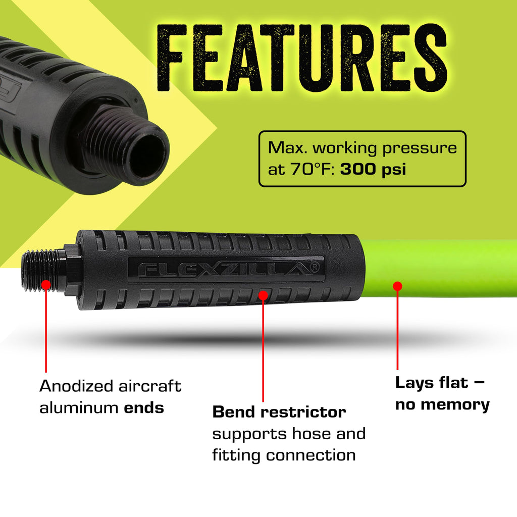 Flexzilla Air Compressor Hose, 3/8 in. x 50 ft., 1/4 in. MNPT Fittings, No-Kink, All Weather, Lightweight, Premium Hybrid Polymer, 300 PSI, ZillaGreen