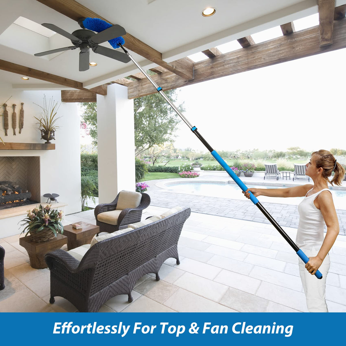 20 Feet High Reach Duster Kit with 5-12 Ft Extension Pole, Cobweb Duster with Telescoping Pole, Window Squeegee with Scrubber, Spider Web Brush, High