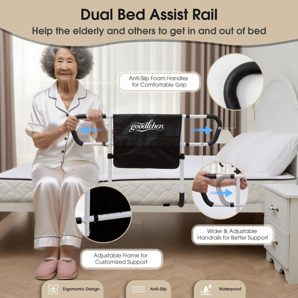 Double Bed Rail for Elderly Adults Safety, Adjustable Bed Assist Rail, Dual Side Bed Rail for Seniors Safety, Under Mattress Bed Guard Rail for Fall