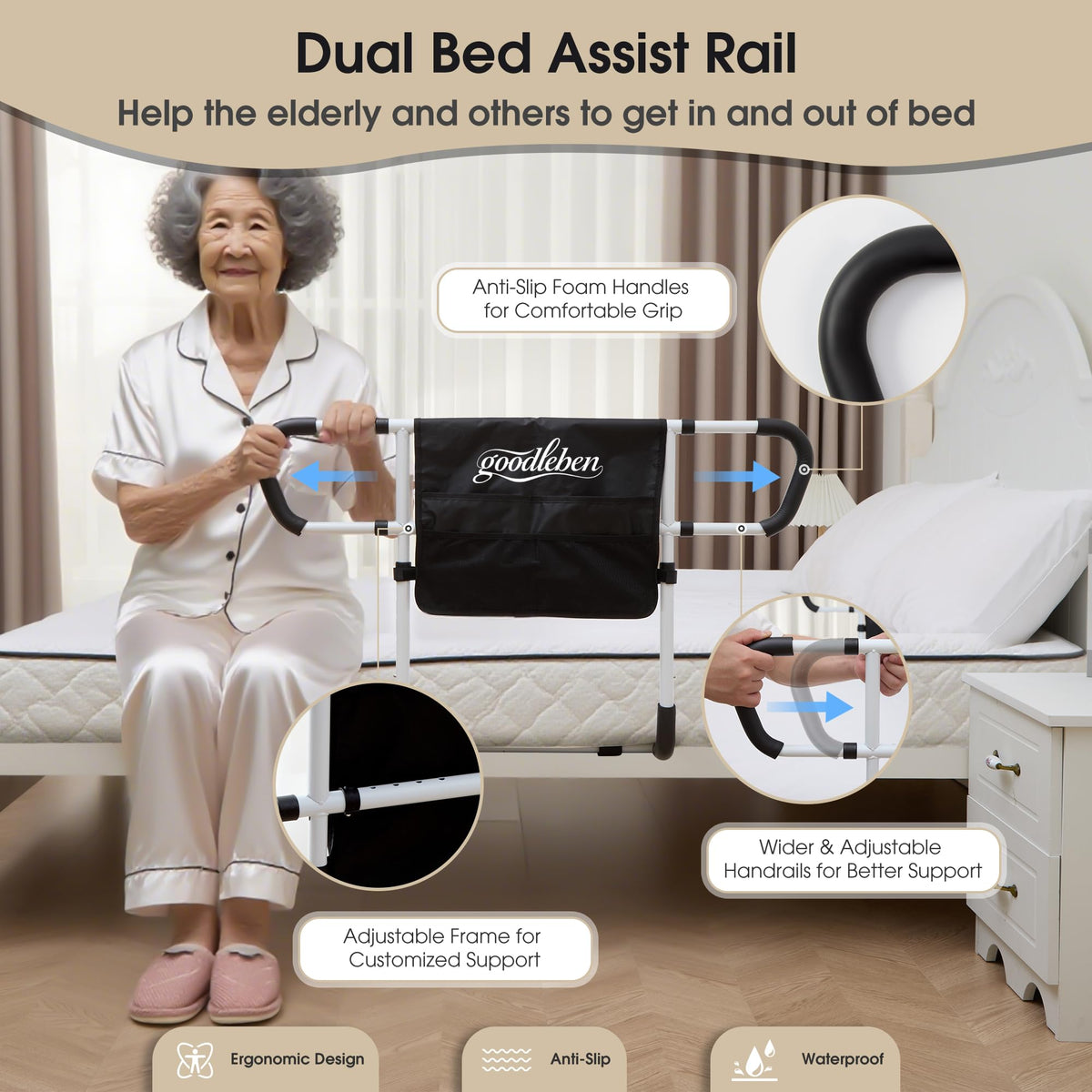 Double Bed Rail for Elderly Adults Safety, Adjustable Bed Assist Rail, Dual Side Bed Rail for Seniors Safety, Under Mattress Bed Guard Rail for Fall