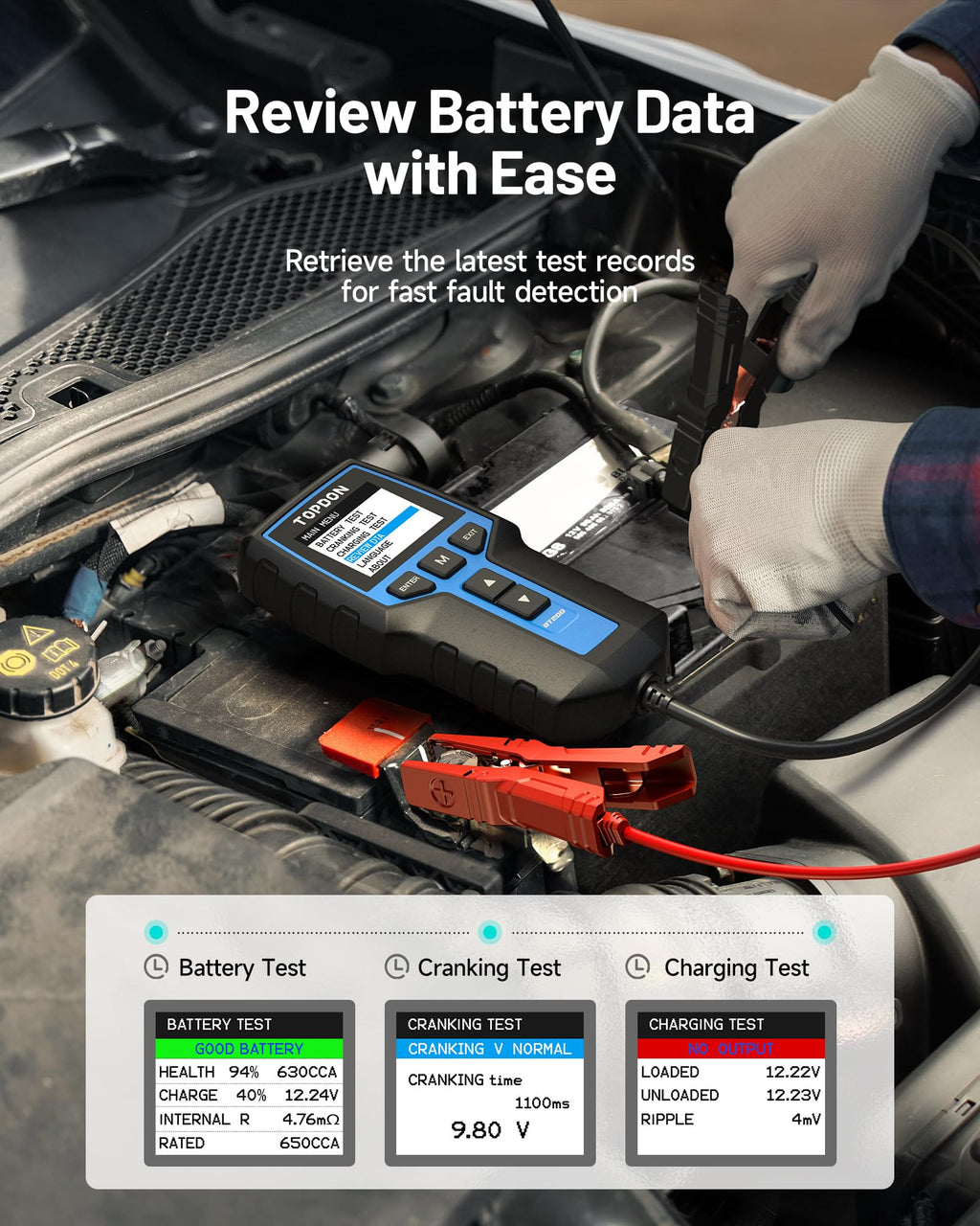 TOPDON BT200 Car Battery Tester, 12V/24V, 100-2000 CCA Load Tester