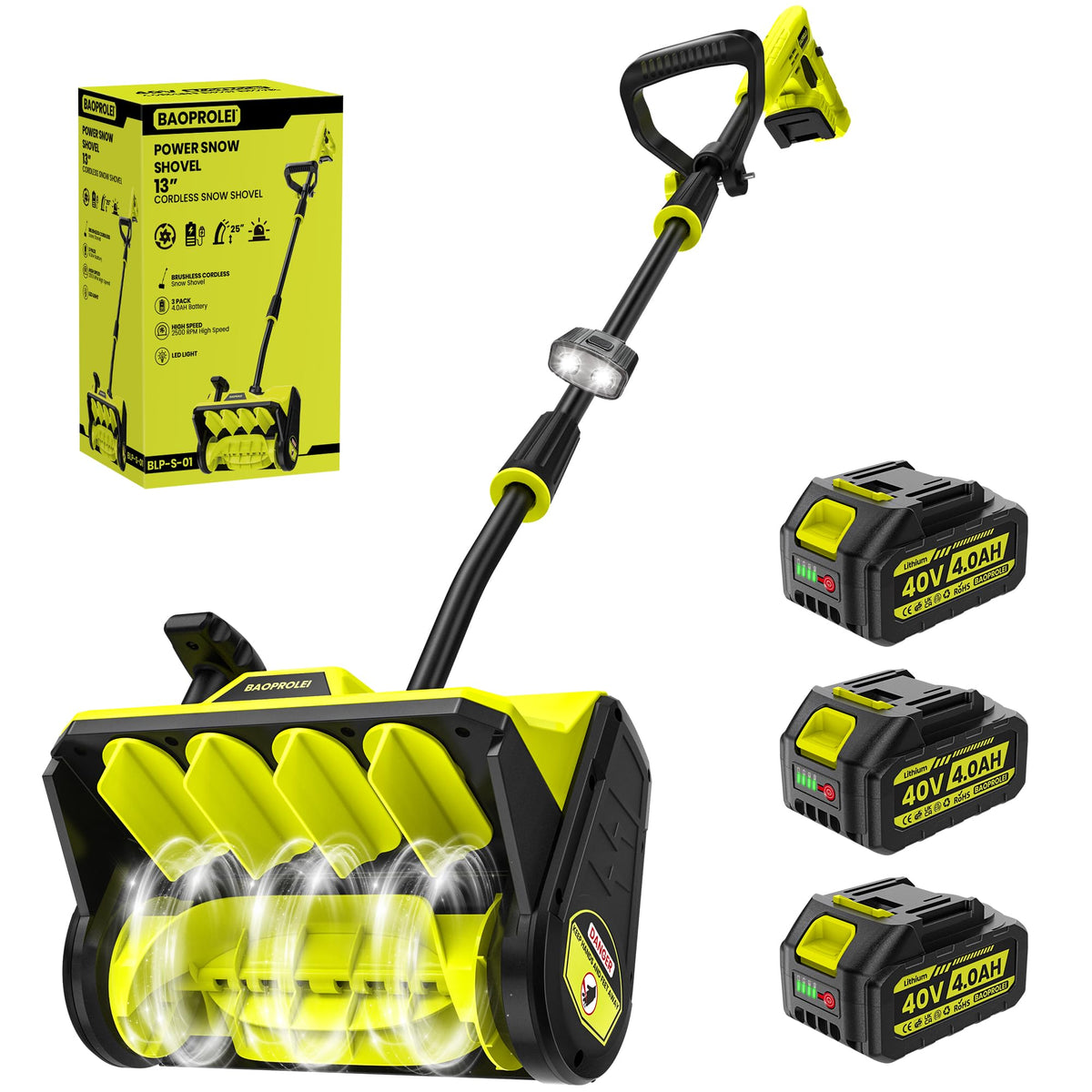 40V Brushless Cordless Snow Shovel, 13Inch Electric Snow Blower with 3 * 4.0 Ah Battery and Charger, Battery Powered Snow Shovel with 25FT Throw