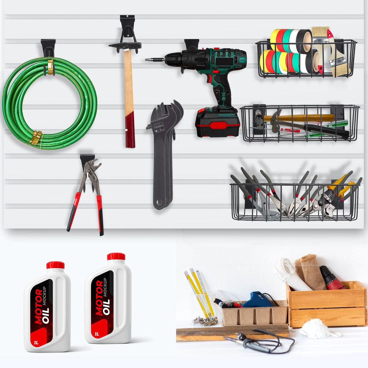 Heavy-Duty Slatwall Baskets and Hooks - Slatwall Accessories for Standard Slatwall Panels | Ideal for Organizing Garages and Workshops