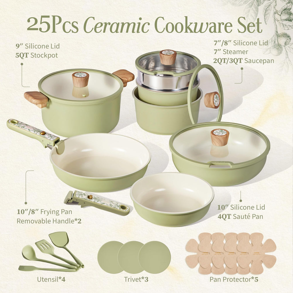 CAROTE 25pcs Ceramic Cookware Set, Detachable Handle Pots and Pans, Green