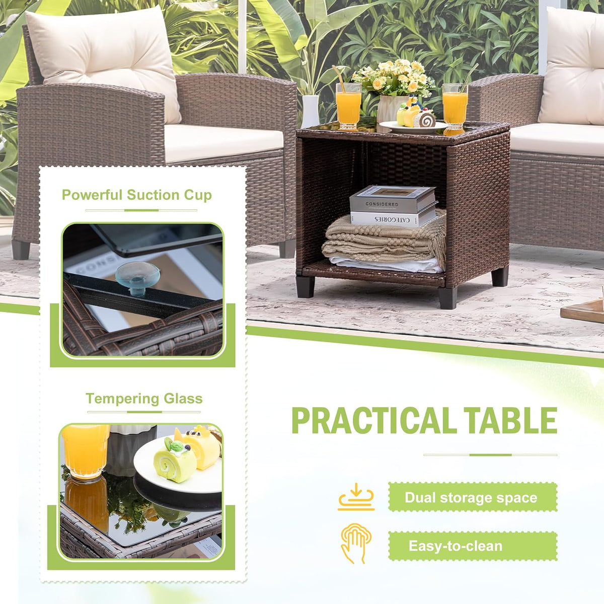 Devoko 3-Piece PE Rattan Patio Furniture Set With 2 Outdoor Chairs And Table, Brown - 26.8 x 25.2 x 29.5 inches