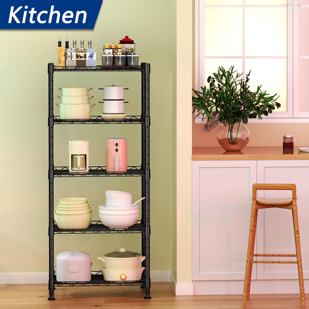 5-Wire Shelving Metal Storage Rack Adjustable Shelves,Standing Storage Shelf Units for Laundry Bathroom Kitchen Pantry Closet(Black,11.8" D x 16.6" W