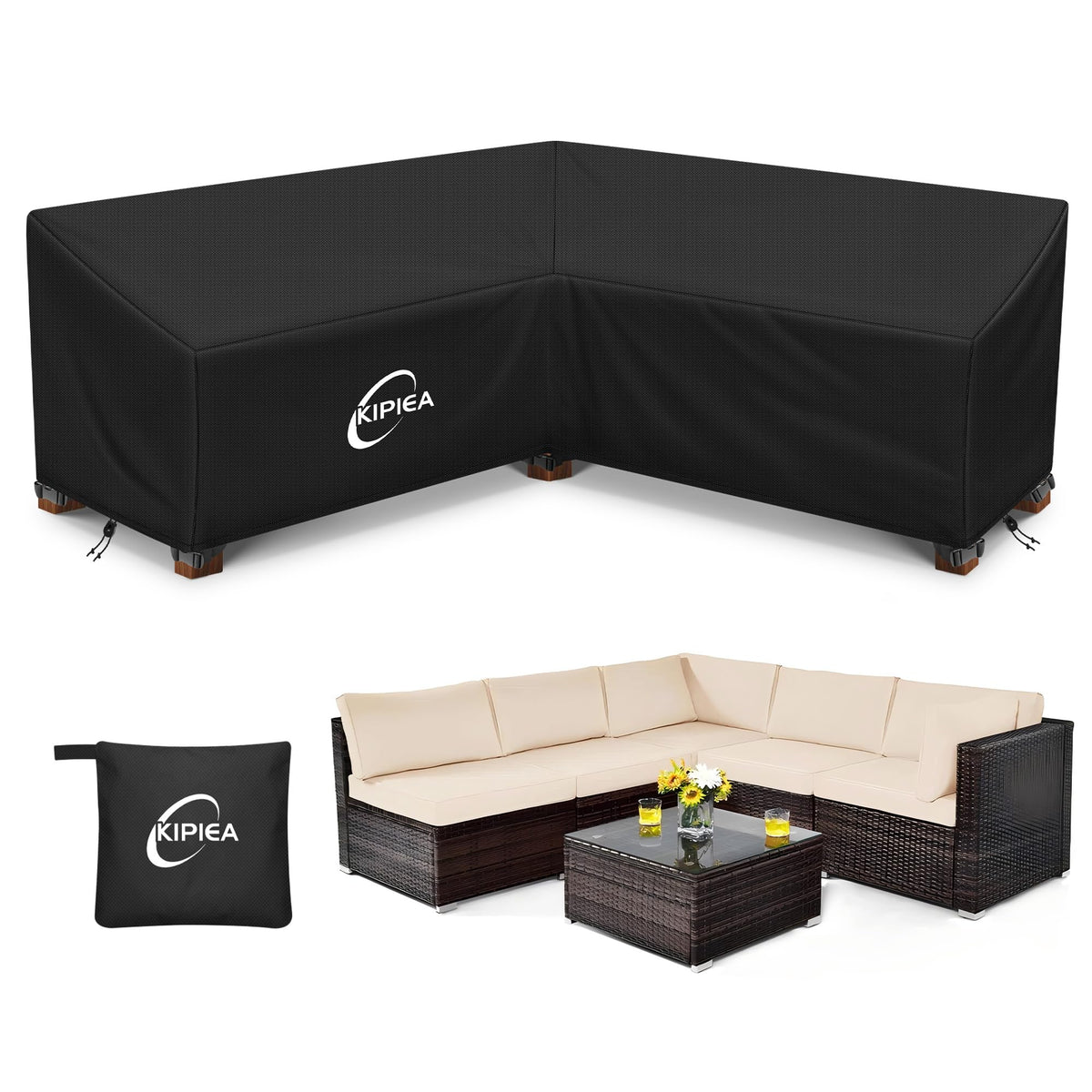 Patio V-Shaped Sectional Sofa Cover, 420D Heavy-Duty Oxford Fabric Outdoor Sectional Cover with 6 Windproof Buckles, Anti UV and No Tears, No Fading