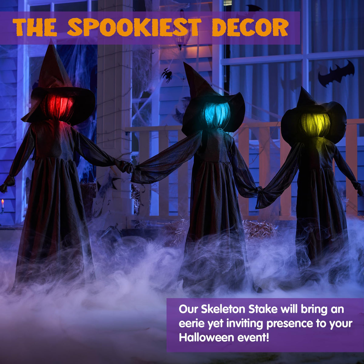 JOYIN Halloween Witch Decorations Outdoor Yard Stakes 3 Pack, 4.2 FT Multicolored Light Up Scary Flying Witch with Sound Activation, for Halloween