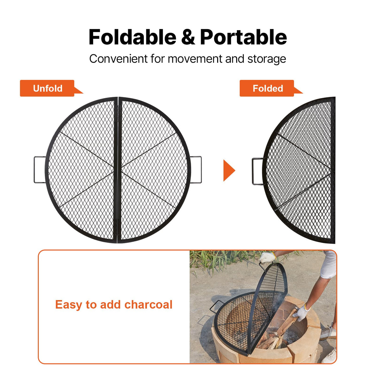 VEVOR X-Marks Fire Pit Grill Grate, Foldable Round Cooking Grate, Heavy Duty Steel Campfire BBQ Grill Grid with Handle and Support X Wire, Portable
