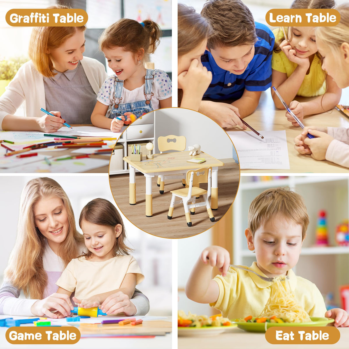 Adjustable Toddler Table and Chair Set, 31.5" L x 23.6" W Beige