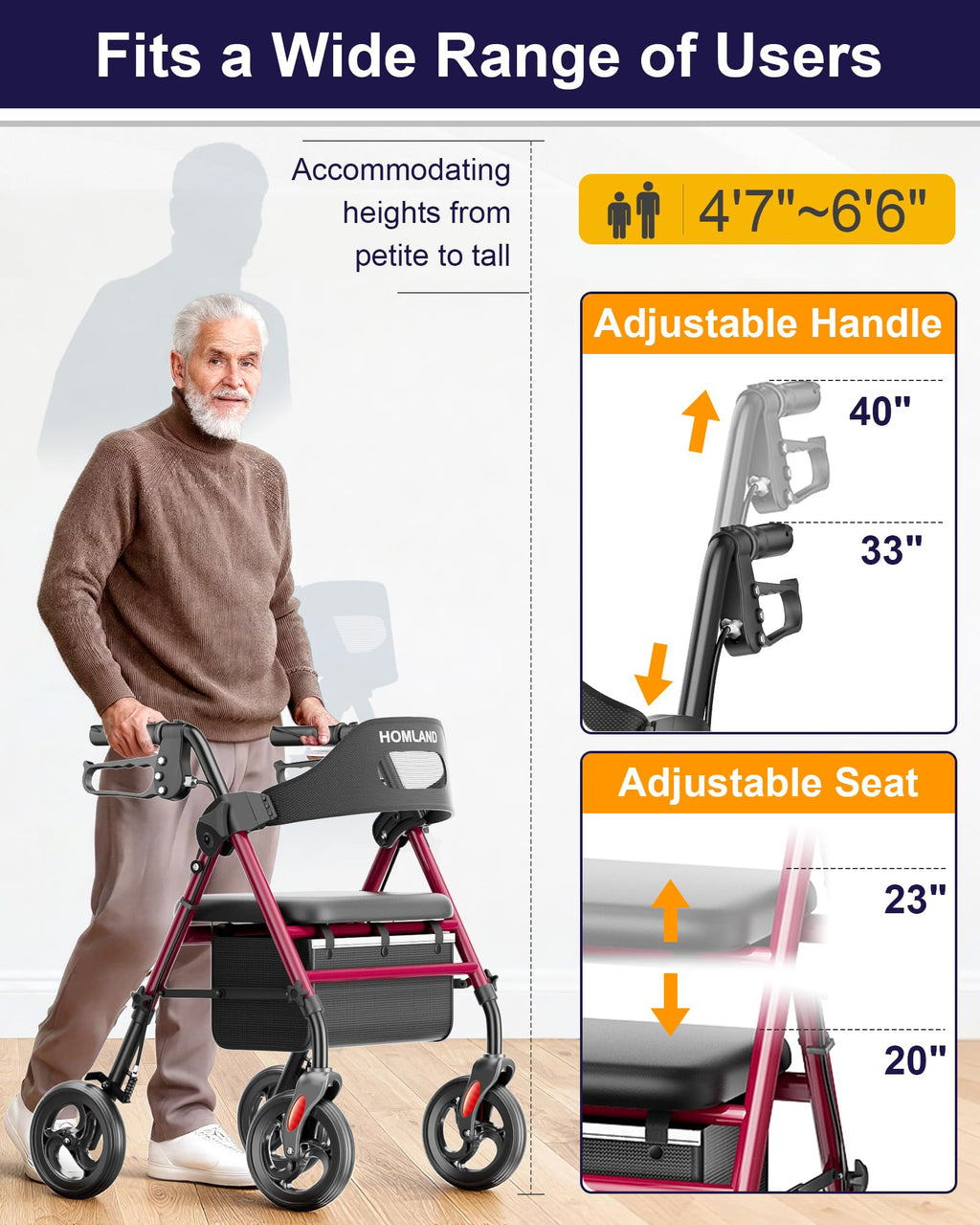HOMLAND Foldable Rollator Walker for Seniors with Seat, 16" Extra-Wide Seat