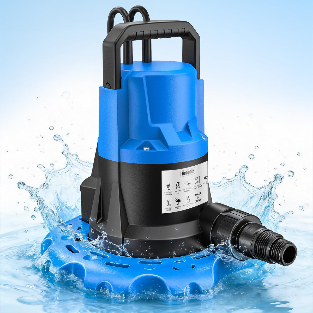 1 HP Automatic Cover Pump, 5000 GPH Submersible Pumps with 3/4” Check Valve Adapter & 25ft Power Cord, Water Removal for Pool, Hot Tubs, Rooftops