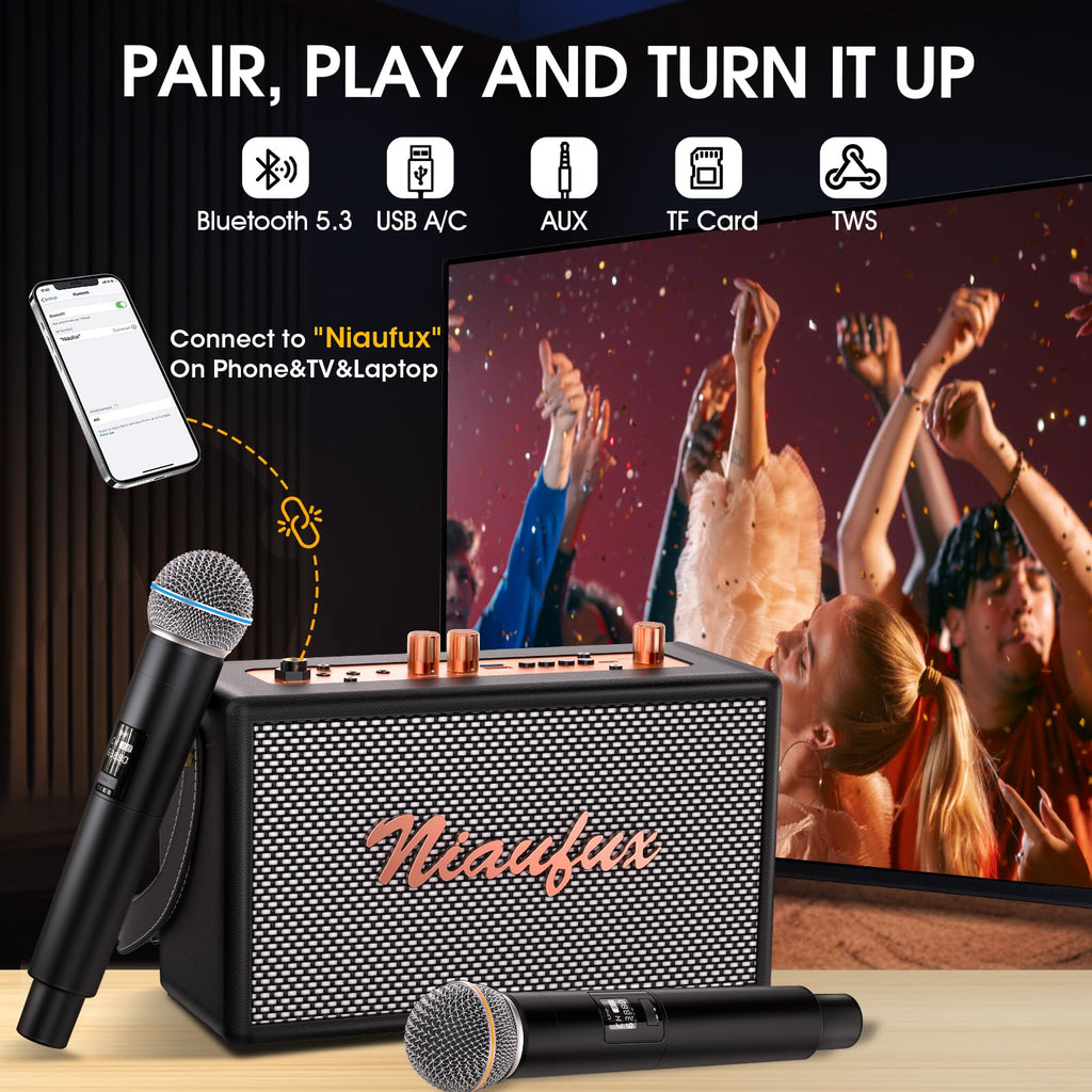 Karaoke Machine, Retro-Design Speaker with 2 Wireless Microphones for Adults & Kids, Portable Karaoke System for Home Party, Bluetooth/AUX/USB/TF/TWS