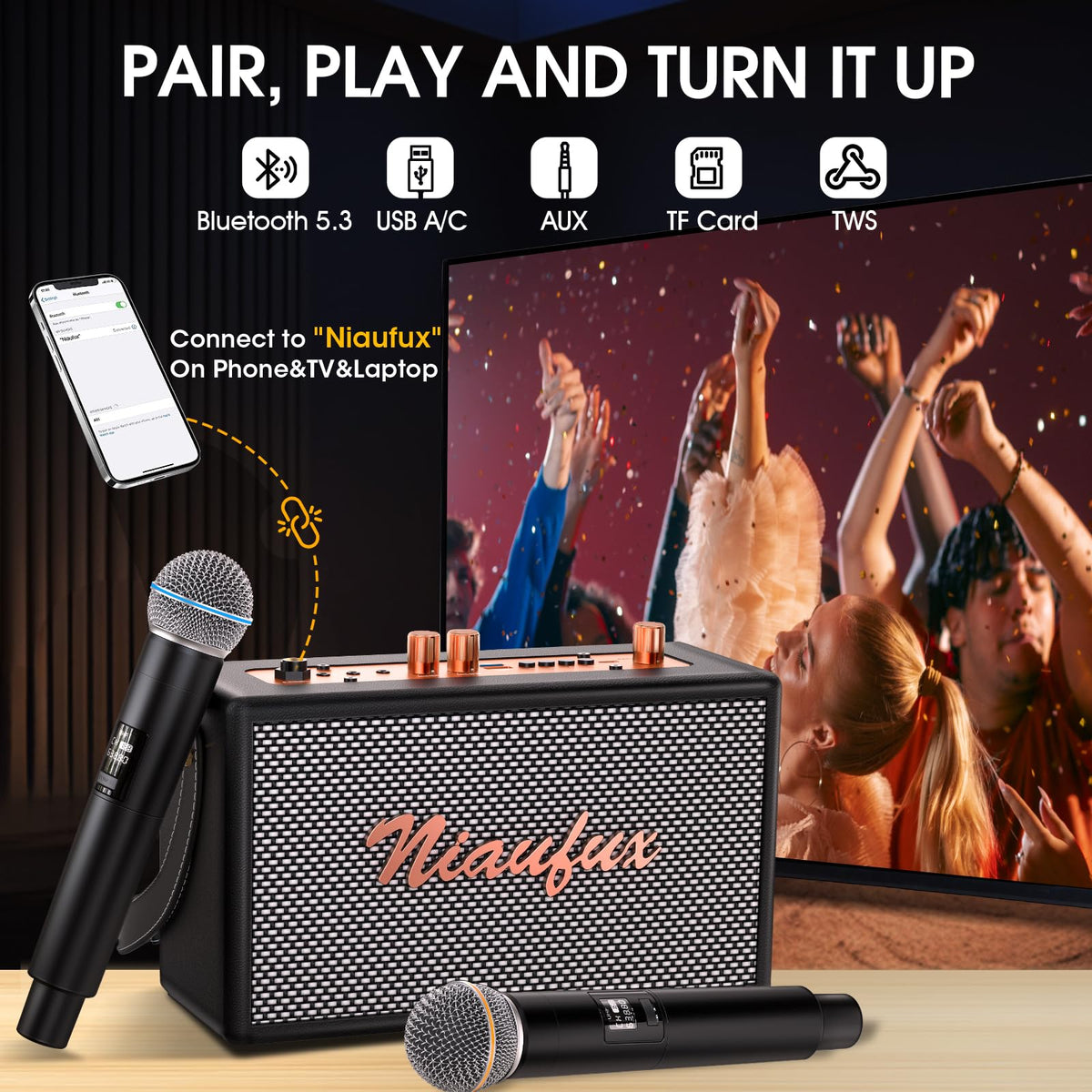 Karaoke Machine, Retro-Design Speaker with 2 Wireless Microphones for Adults & Kids, Portable Karaoke System for Home Party, Bluetooth/AUX/USB/TF/TWS