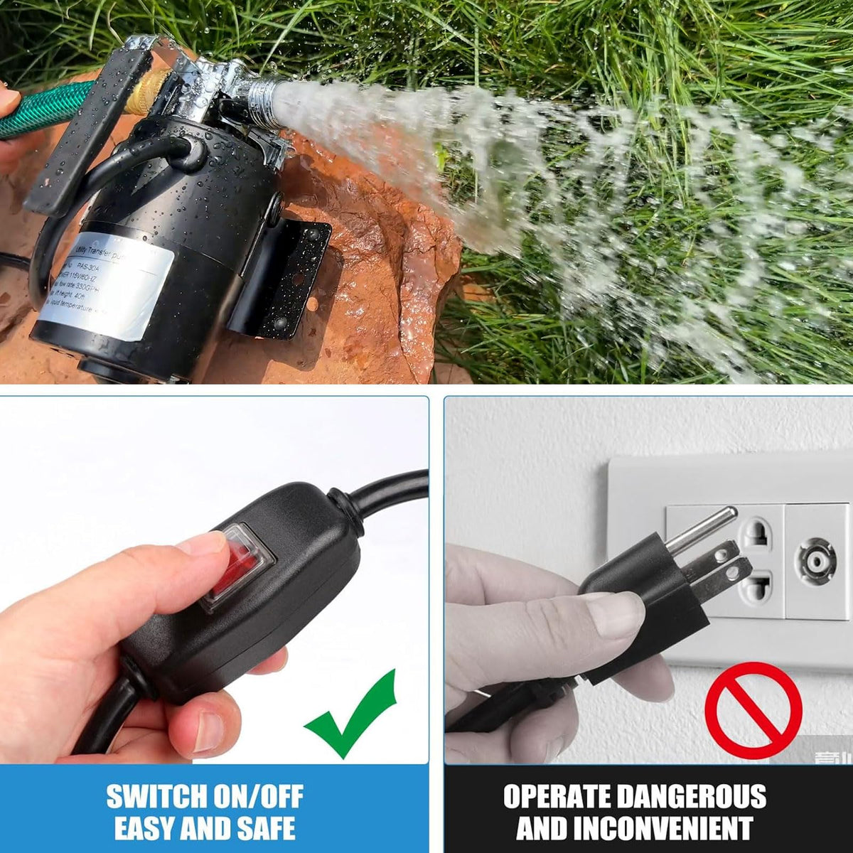 Water Transfer Pump, 115V 1/10HP Electric Utility Pump with On/Off Switch 2 * 6 ft Water Hoses Kit for Removing Water from Garden Pools Aquariums Hot
