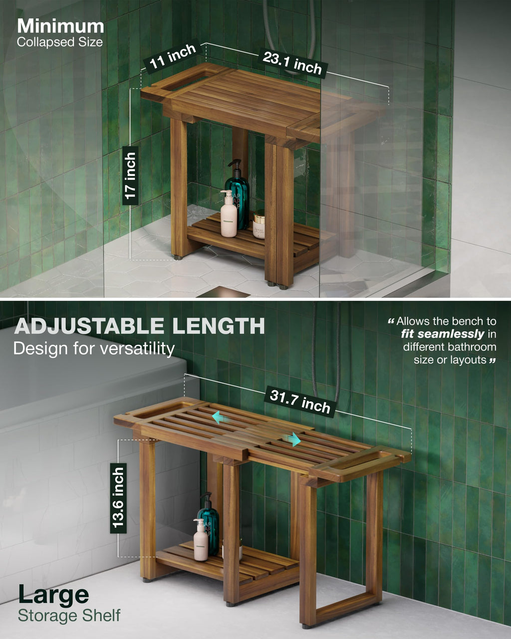 BLUEWEST Adjustable Shower Bench Stool for Inside Shower – 31.7'' Wood Bathroom Bench with Storage Shelf, Built-in Handle & Shower Head Holder