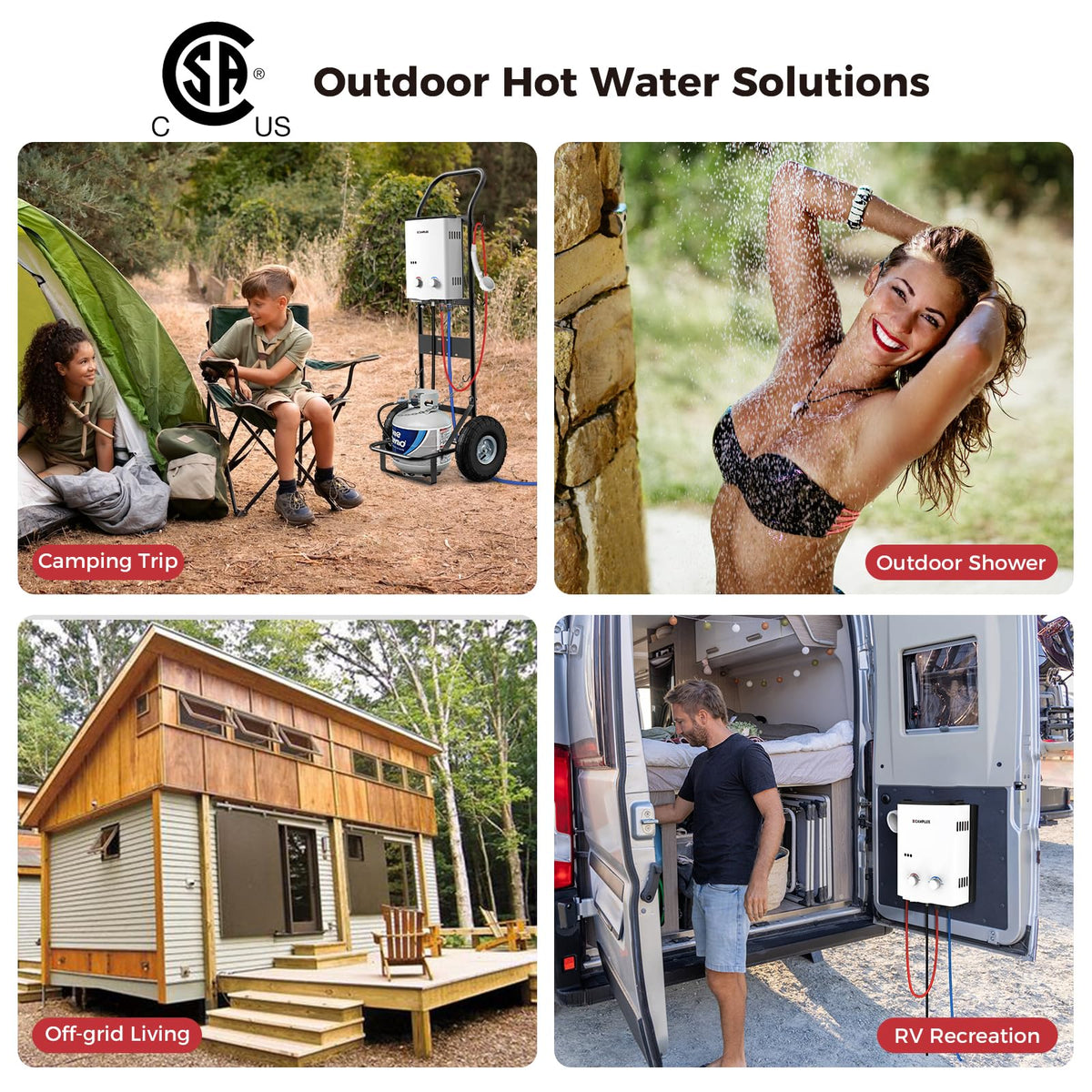 CAMPLUX 5L Portable Tankless Water Heater, 1.32 GPM Outdoor Propane Shower for Camping, RV, Off-Grid, Instant Hot Water with Folding Handle, Overheat