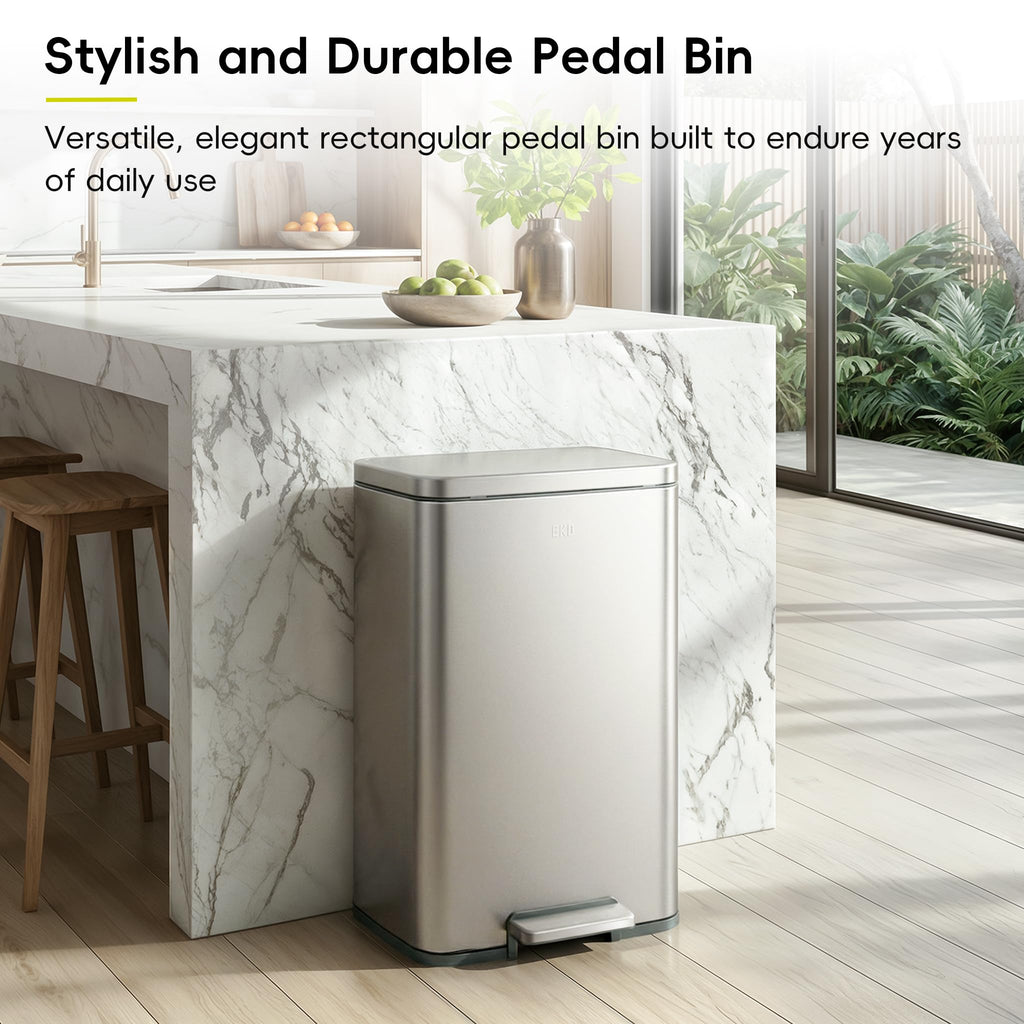 EKO Madison Brushed Stainless Steel 13.2 Gal/50L Kitchen Step Trash Can or Recycling Bin, Removable Inner Liner, Soft Close Lid, Fingerprint