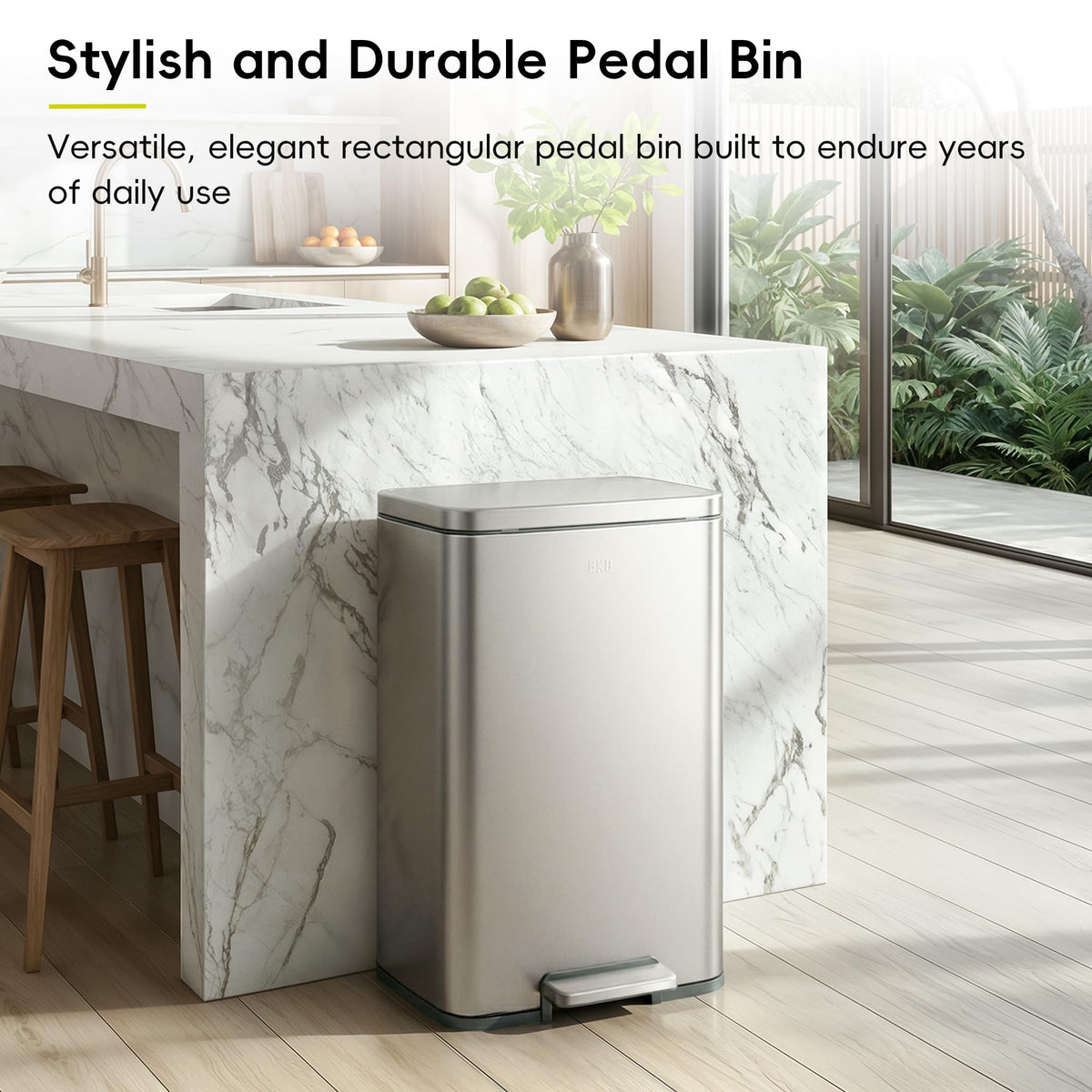 EKO Madison Brushed Stainless Steel 13.2 Gal/50L Kitchen Step Trash Can or Recycling Bin, Removable Inner Liner, Soft Close Lid, Fingerprint