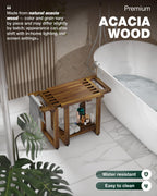 BLUEWEST Adjustable Shower Bench Stool for Inside Shower – 31.7'' Wood Bathroom Bench with Storage Shelf, Built-in Handle & Shower Head Holder